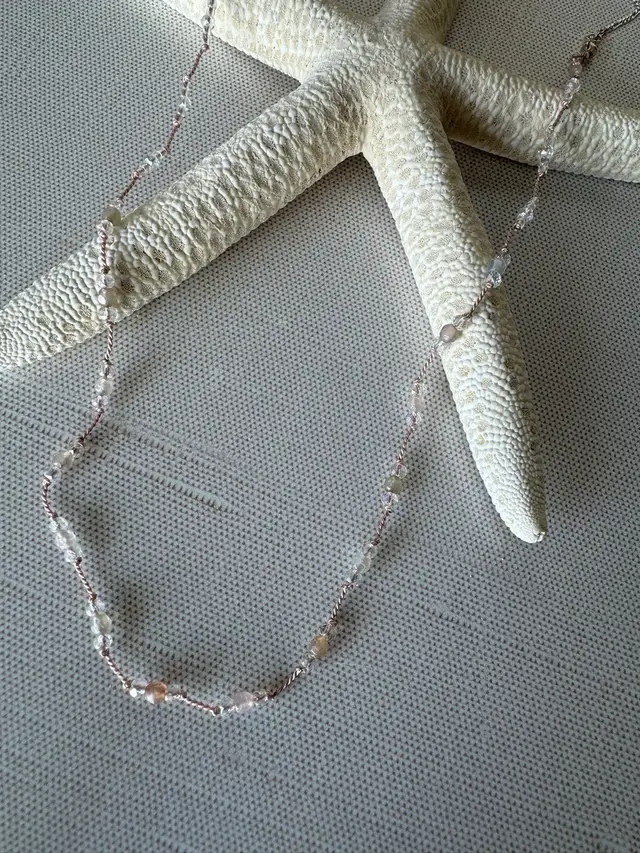 Floating Hand Knotted Silk Blush Pink Rose Quartz And Glass Crystals Necklace Silver Clasps 20 “   #69
