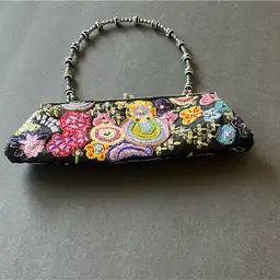 Embroidered Beaded Black Purse With Rhinestones