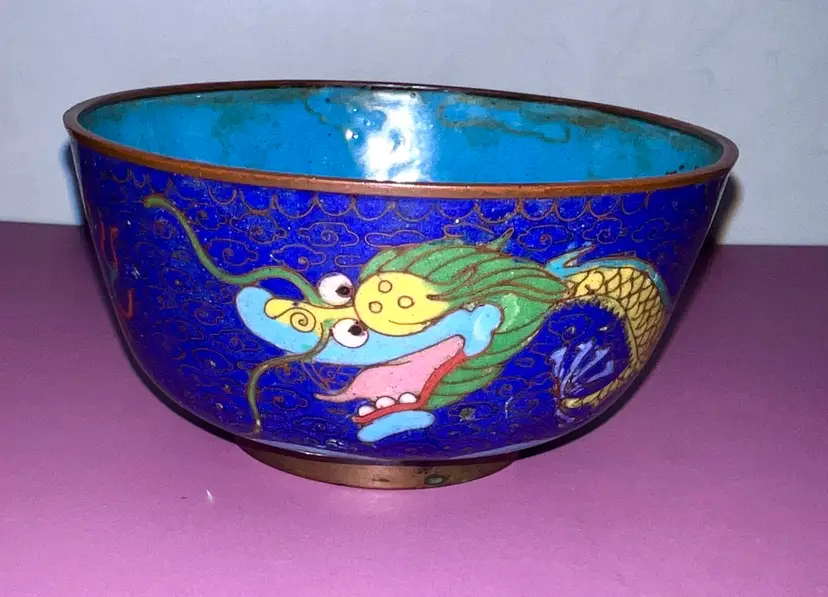 Antique Chinese Cloisonné Rice Bowl Enameled Five Toe Dragon