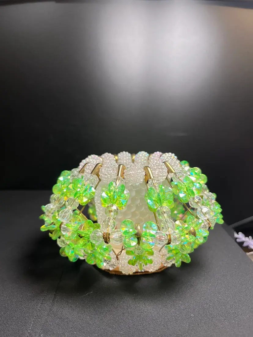 Hand Crafted Gold Tone Safety Pin Beaded Votive Holder/Tea Light. Includes Frosted Hob Nail Glass Votive.