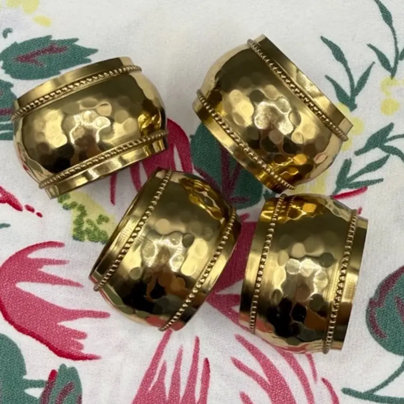 Set of 4 Vintage Hammered Brass Napkin Rings with Beaded Trim
