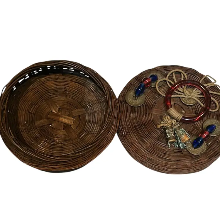 Antique 1920s Chinese Coin Beads Peking Glass Ring Small Sewing Basket