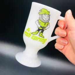 Vintage 80s Irish Spring Soap Leprechaun Logo Milk Glass Mug: Pop Culture Retro Advertising