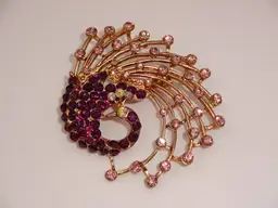 Vintage Rhinestones Peacock Brooch Gold Tone Purple Pink Scarf Pin Bird Unmarked