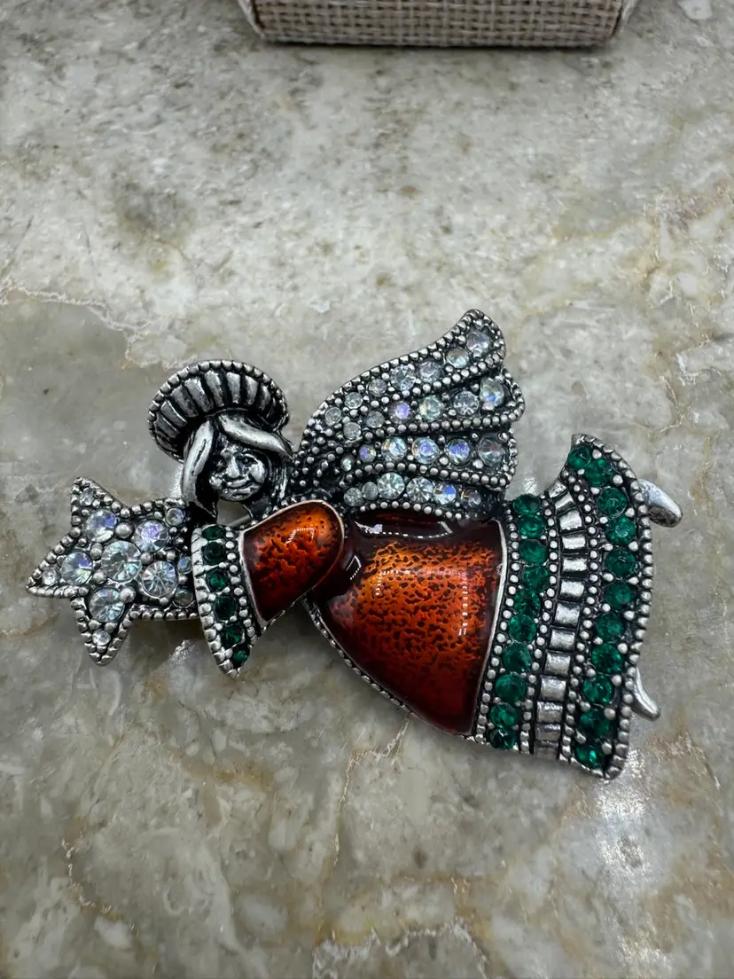 Vintage Pewter &Â Enamel Green & Aurora Borealis Crystal Angel Brooch Signed TC