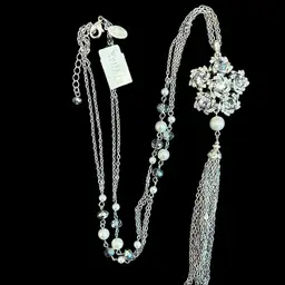 White House, Black Market Faux Pearls Glass, Faceted Beads, Dangle Drop Silvertone Multi Chain Necklace