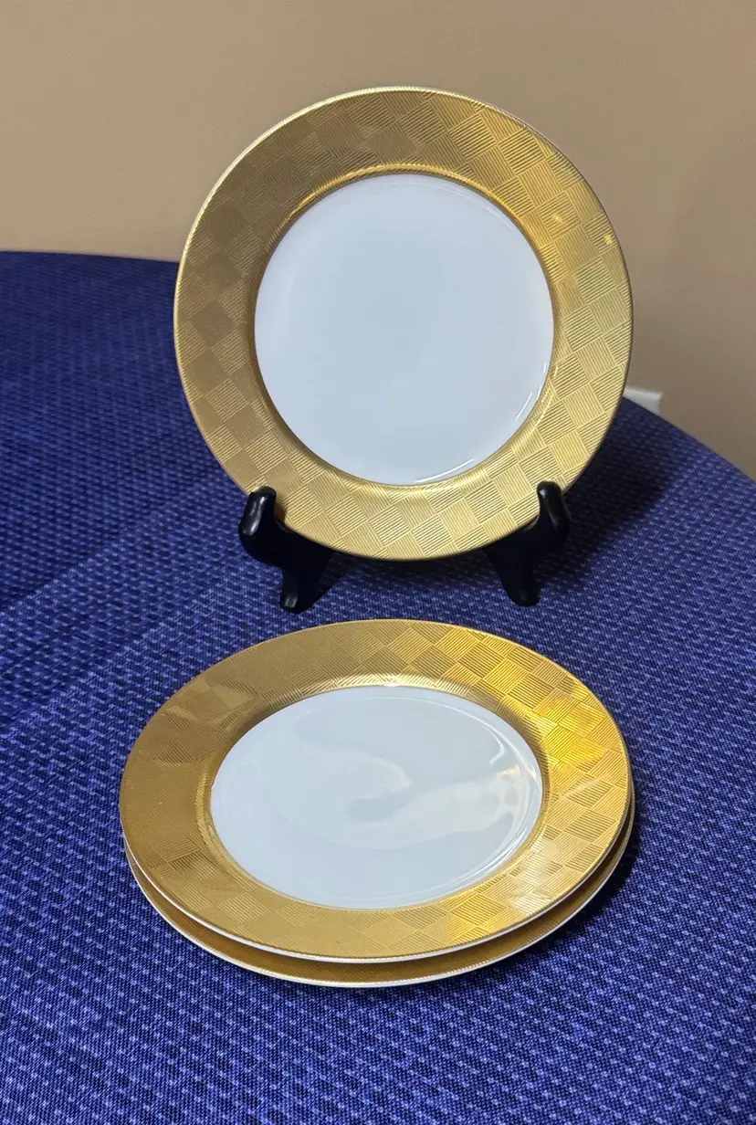 Fitz and Floyd, Carre D'Or Bread/Dessert Plate, 6 1/2" white with gold set of 3