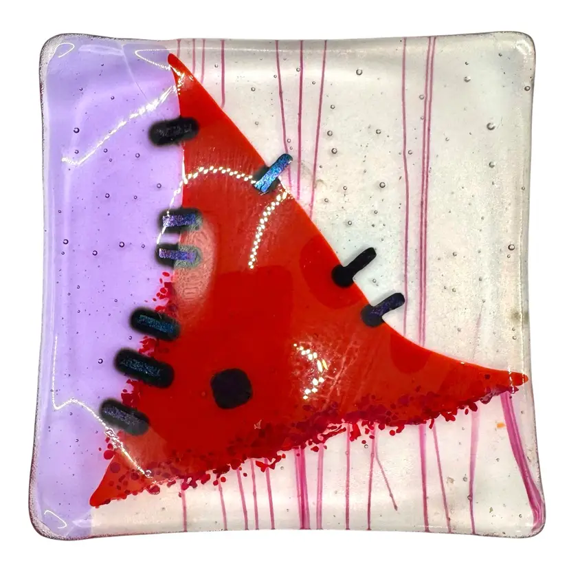 Fused Studio Art Glass Plate Dish Dichroic Red Purple Pink Abstract Square 5.75”
