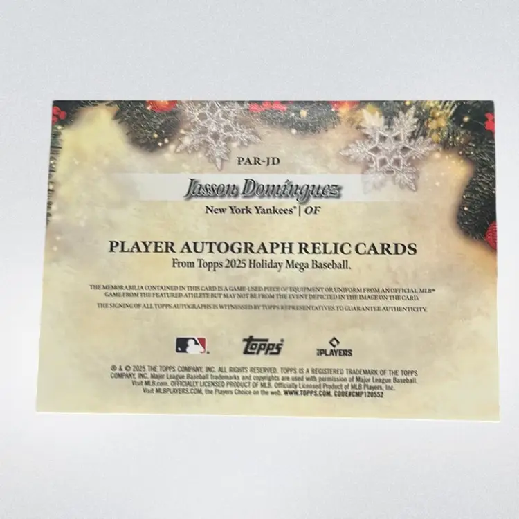 Jasson Dominguez 2025 Topps Holiday Player Autograph Relic 7/25