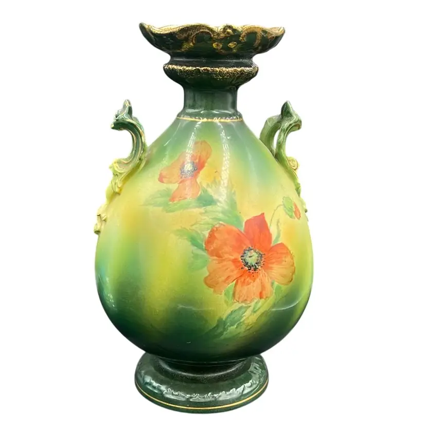 Hand-painted Royal Bonn porcelain vase with poppies and ornate handles.1900-1920, Germany 9.5” Tall