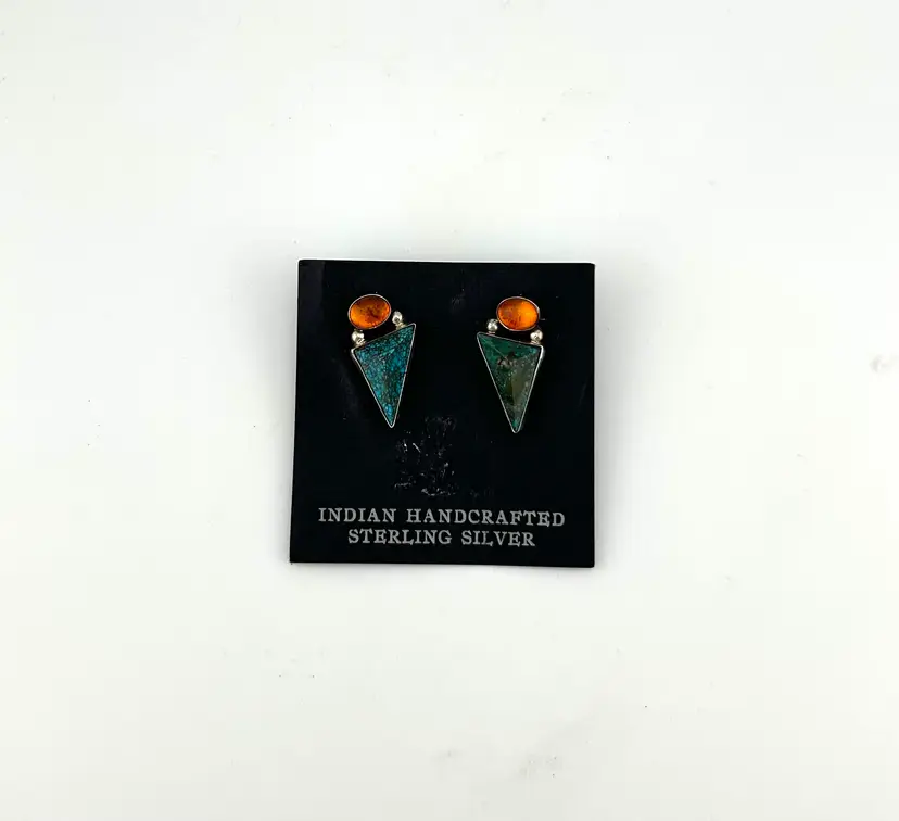 Vintage Lambert Livingston Sterling Silver Pierced Earrings with Amber and Turquoise 1”x .5”