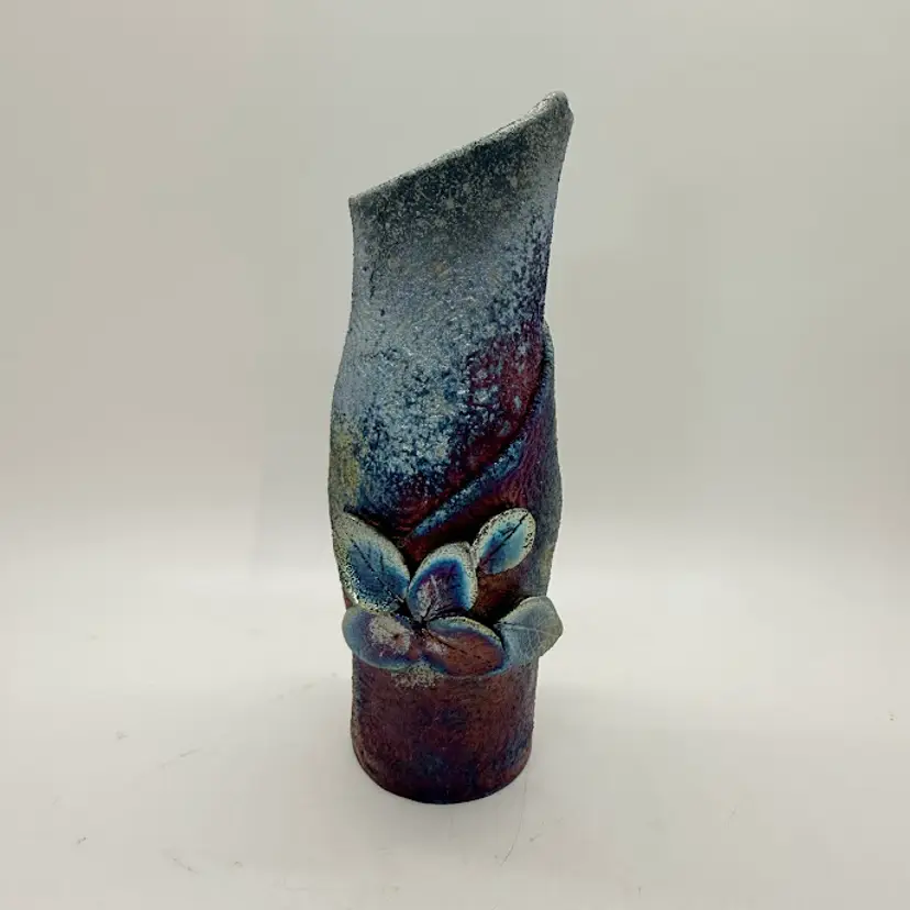 Studio Art Pottery Raku Iridescent 7" Bud Vase Applied Leaves Artist Signed