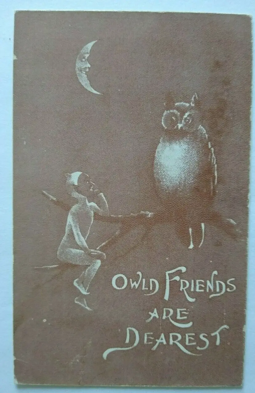Fantasy Halloween Postcard Pixie Imp & Owl Friends Are Dearest Unused Sepia