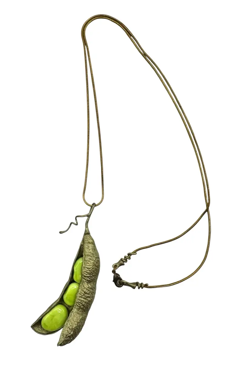 Rare Michael Michaud Statement Necklace Edamame Pea Pod Green Glass Bronze 24”