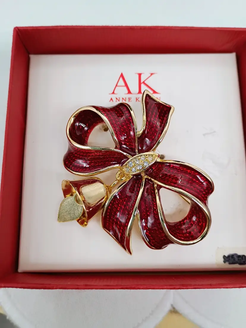 Anne Klein NIB Gold Tone with Red Enamel Ribbon and Bell Christmas Brooch