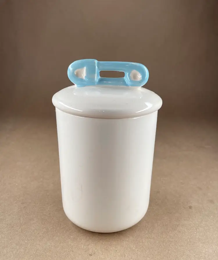 1980 Nursery Enesco Ceramic Trinket Jar with Lid - Baby Blue Safety Pin
