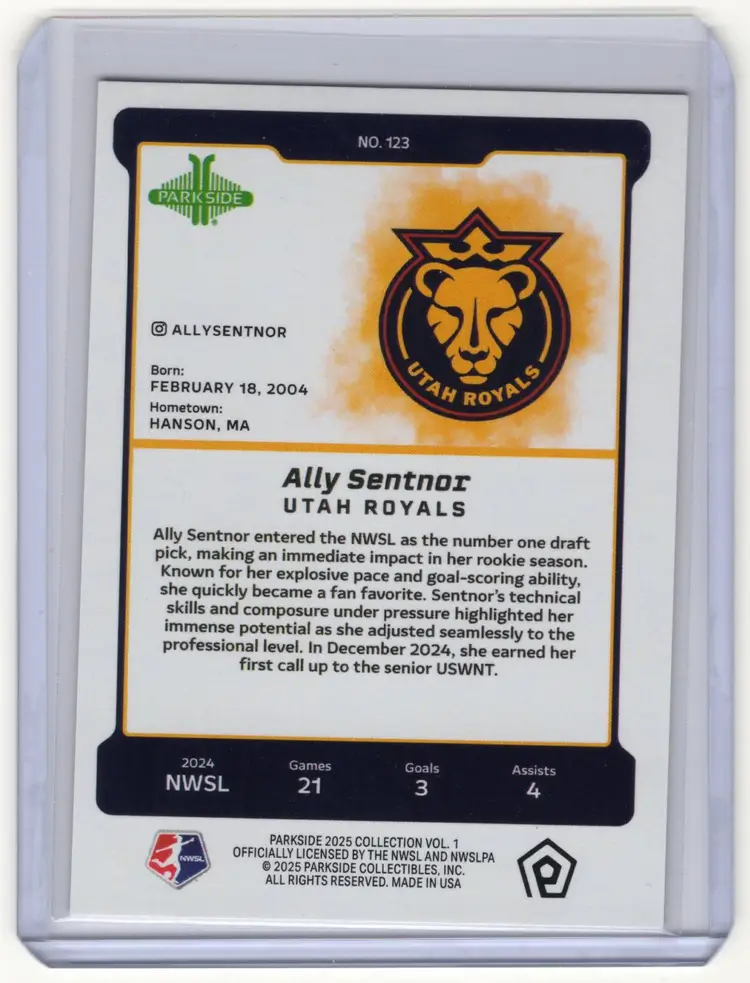 2025 Parkside NWSL Vol 1 Ally Sentnor Shimmer SP Parallel /100