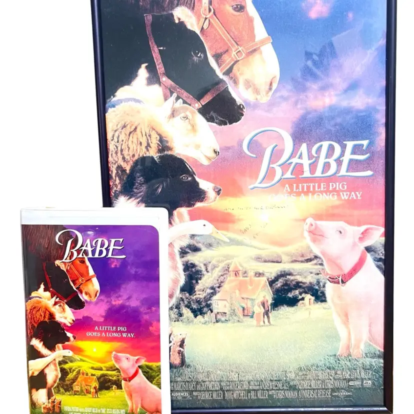Babe the Pig VHS 1995 Movie & James Cromwell Signed Movie Poster. 17” x 11” Black Metal Frame.