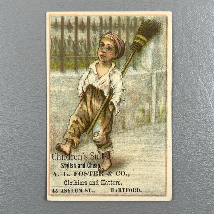 Victorian Trade Card Barefoot Boy Broom Hartford CT AL Foster & Co  Clothier 4x2.75"