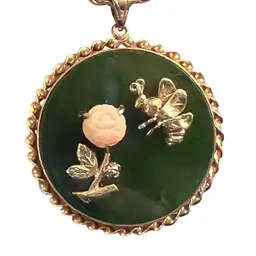 Vintage Jade Pendant w Bee & Carved Stone Rose + 20” Italy 925 Chain