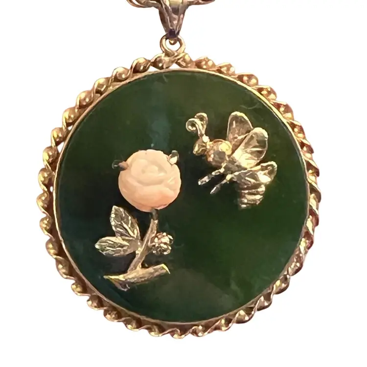 Vintage Jade Pendant w Bee & Carved Stone Rose + 20” Italy 925 Chain