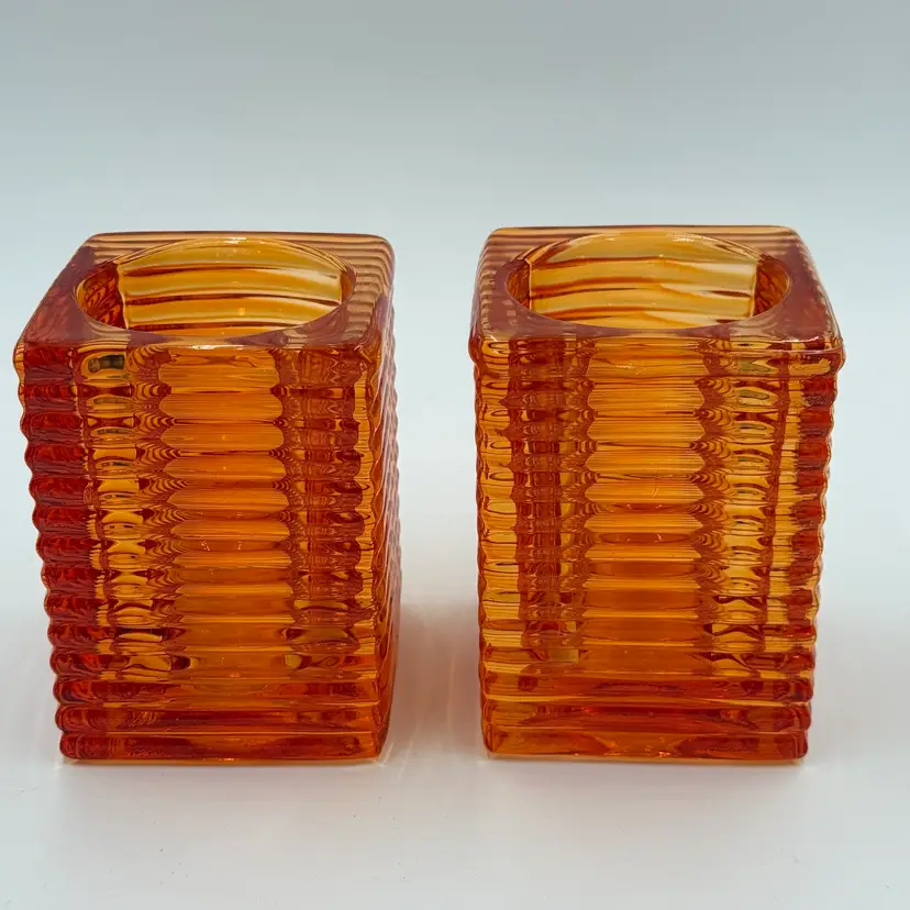 Hollowick Orange Glass Horizontal Ribbed Block Square Pair Of Candle Holders