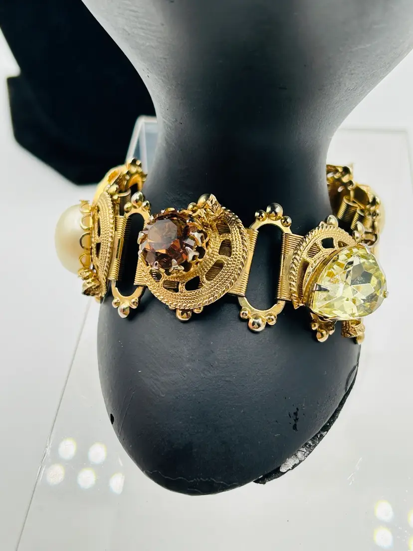 Vintage Victorian Style Book Link Bracelet with Faux Multi- Color Stones and Pearls