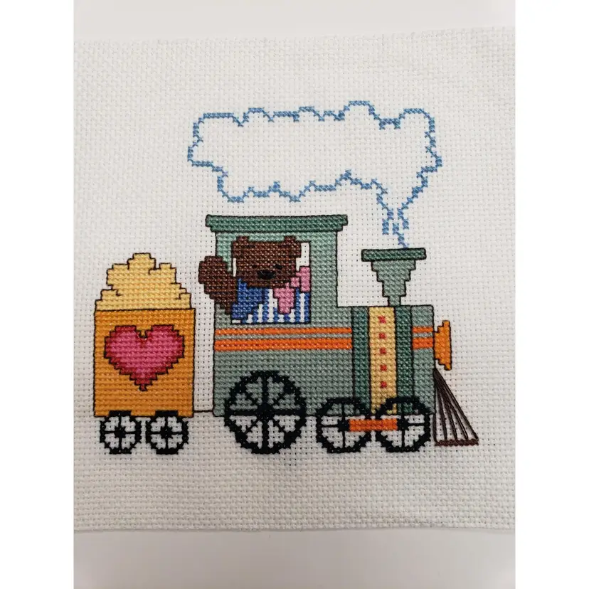 New Handmade Cross-stitched Bear In Train Engine