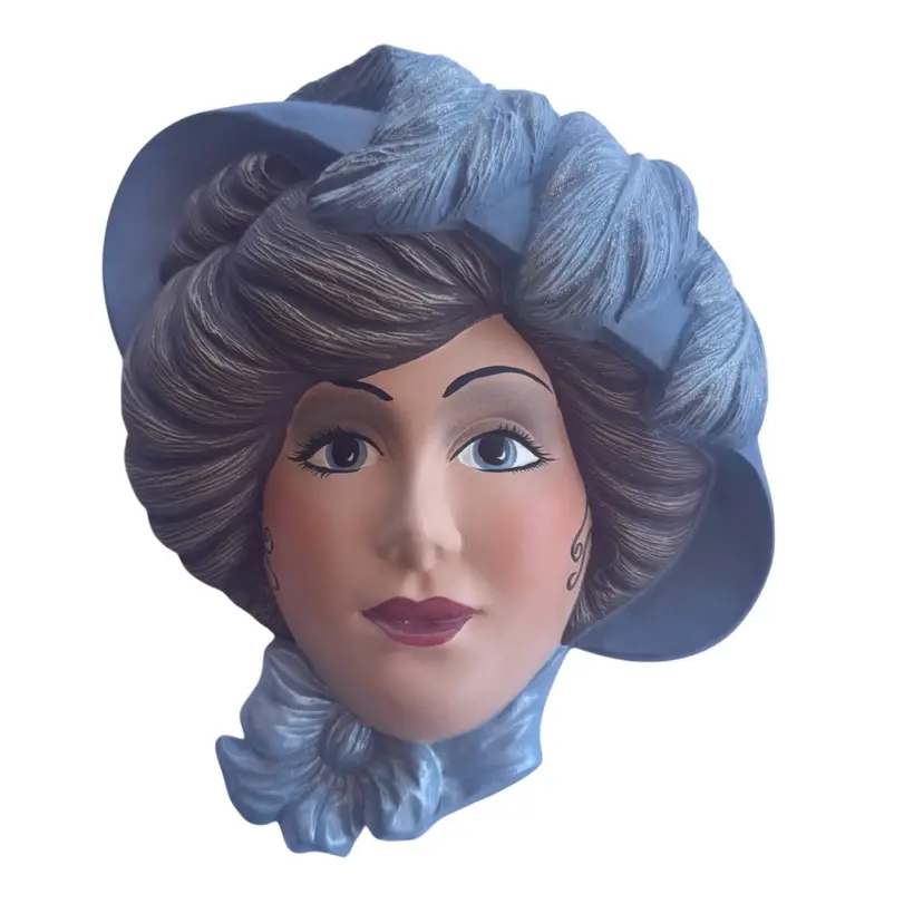 Vintage Chalkware Lady Wall Plaque w/ Hat Feathers Bow Victorian Flapper