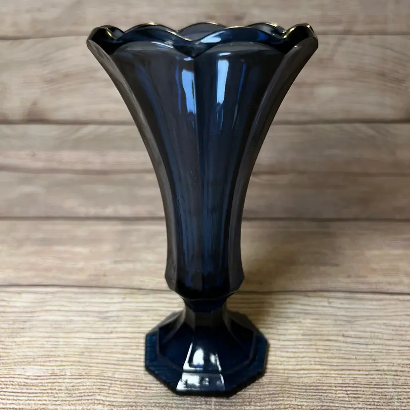 Vintage Fostoria Glass Vase Smokey Blue Scalloped 7”