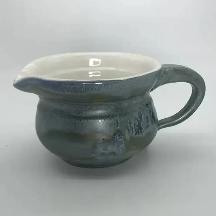 Art Pottery Large Creamer Blue Glaze Signed Dated Handle Ceramic Stoneware Gravy