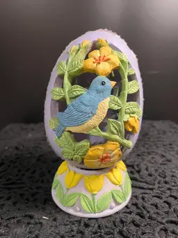 #01 Lavender Ceramic Egg on a Stand-It Has a Bird on it AND Tulips!