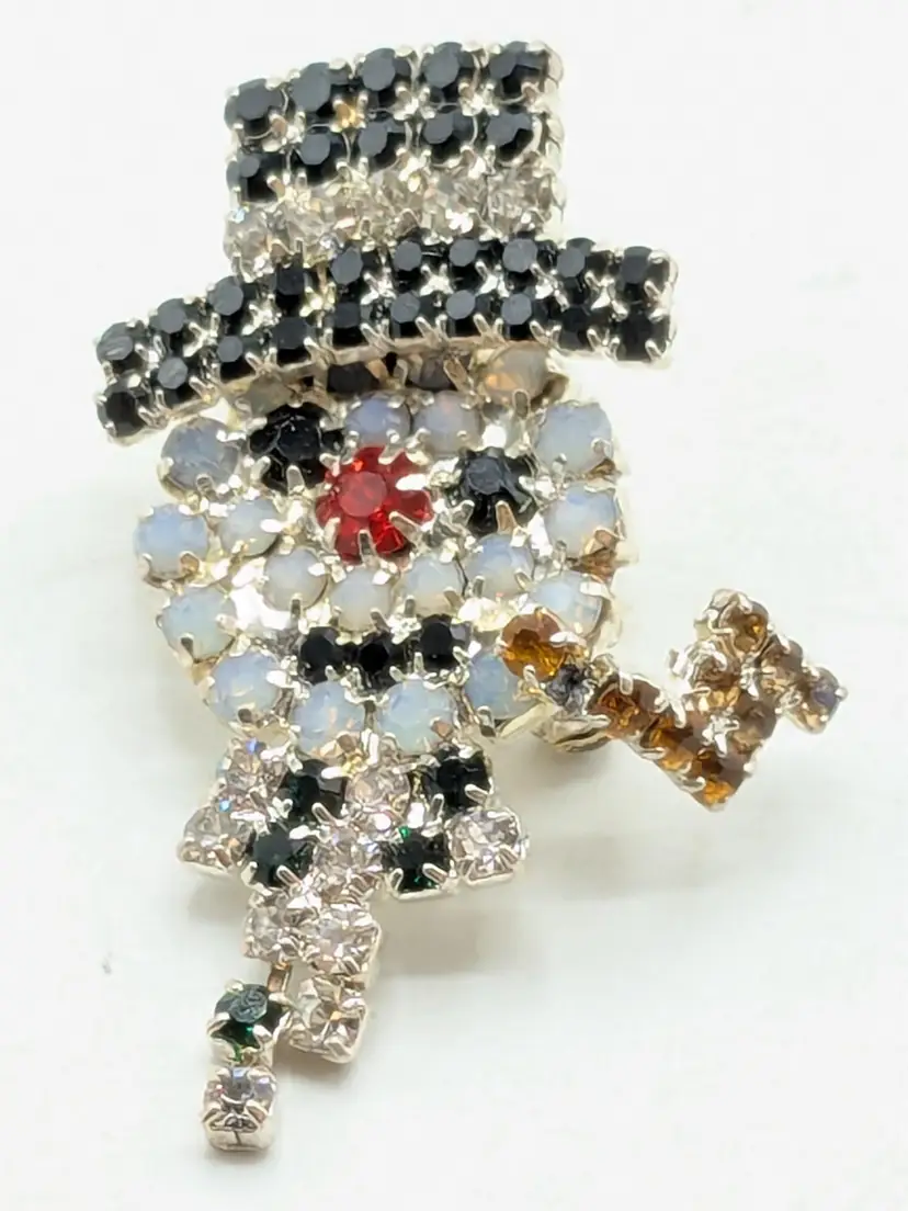 Vintage Christmas Rhinestone Snowman Brooch Pin with Pipe Holiday Jewelry