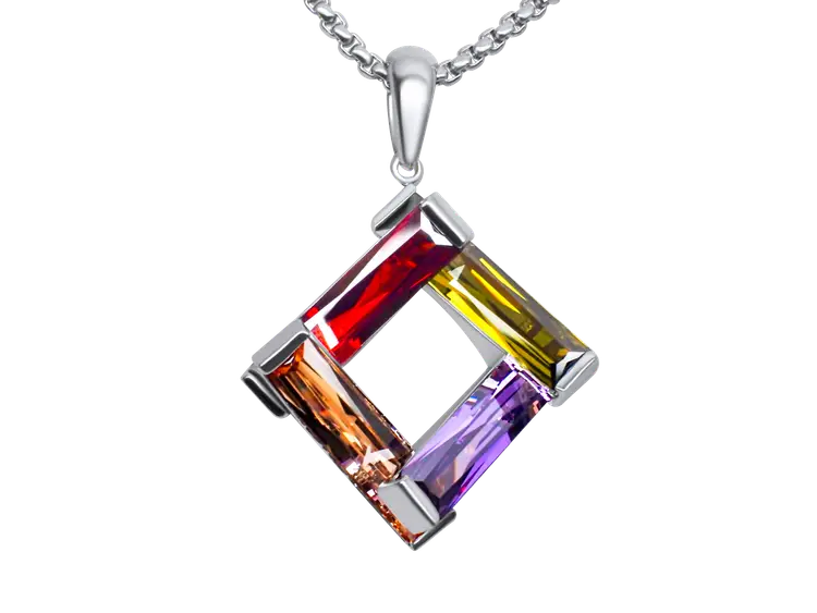 Multicolor Geometric Pendant Necklace Silver Tone Square Modern Rainbow Jewelry