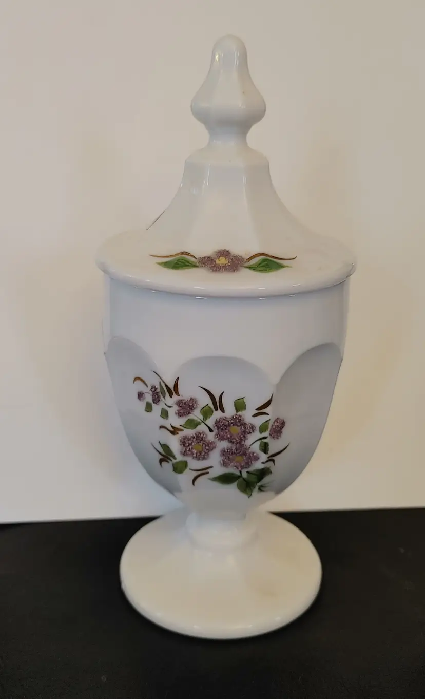 Westmoreland milk glass covered urn or candy dish with hand painted floral design. 1970's. No chips. 8 high.