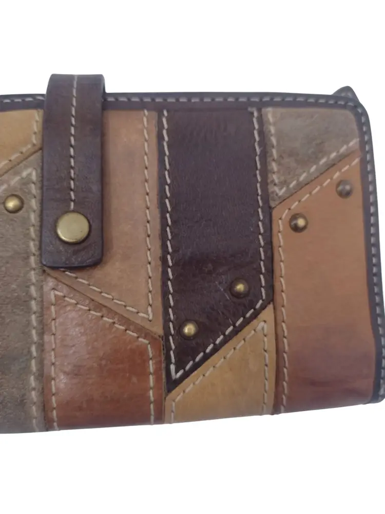 Fossil Patchwork Leather Suede Snap Clutch Wallet Boho Hippie Western Brown Vtg