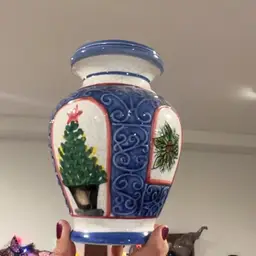 Blue Holiday Christmas Motif Pottery Vase 6”