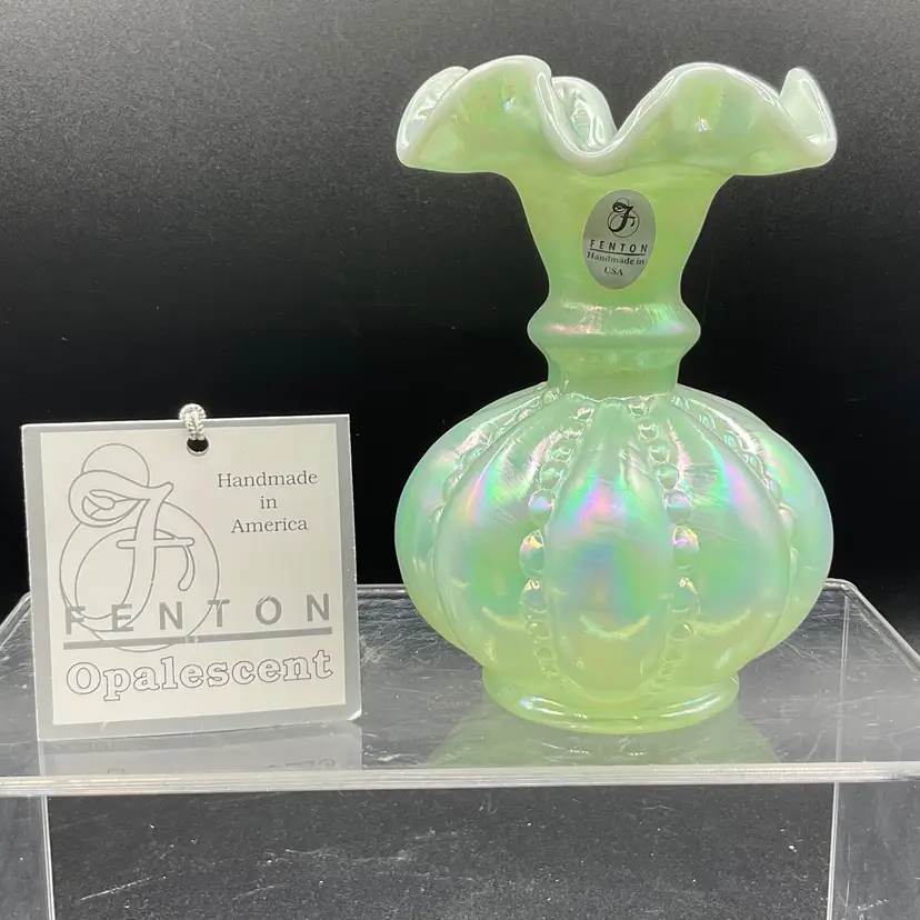 Vintage Fenton Sea Green Opalescent Beaded Melon Vase