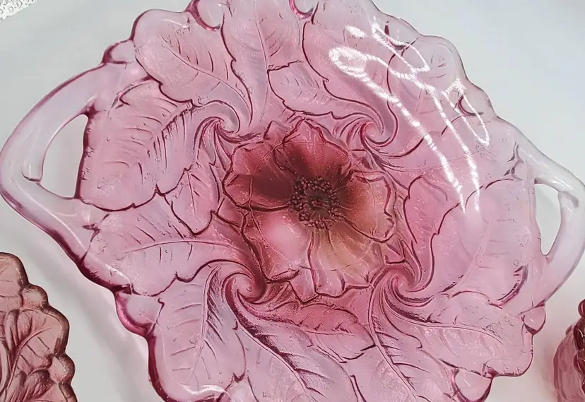 Indiana Glass Pink Wild Rose Double Handle Serving Dish