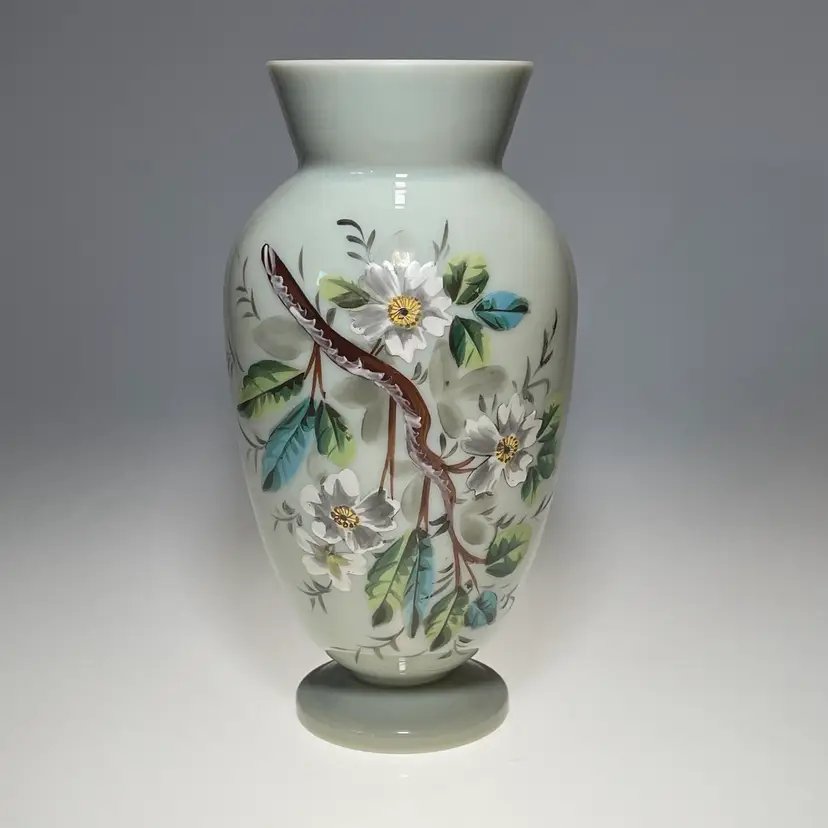 Antique Slate Blue Bristol Glass Vase Floral Flowers Hand Painted Enamel 9"