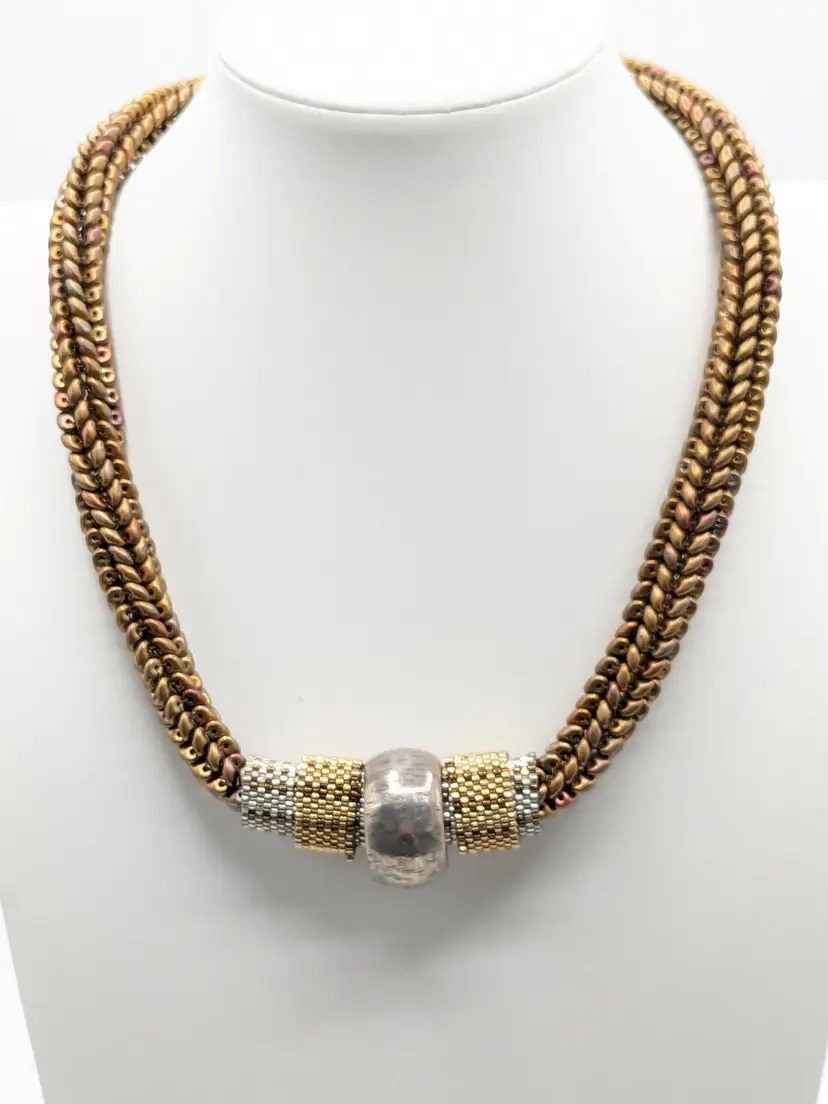 Gold and Silver Tone Braided Necklace with Hammered Bead Center
