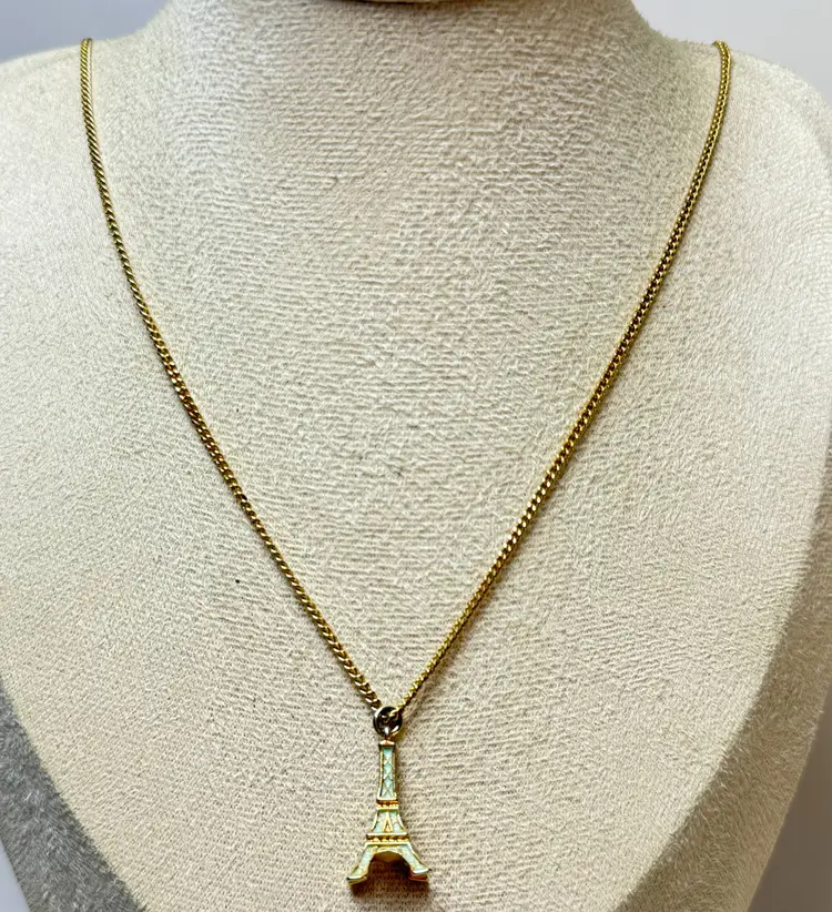 22" Gold Tone Minty Green Enamel Eiffel Tower Pendant Necklace w/ Chain