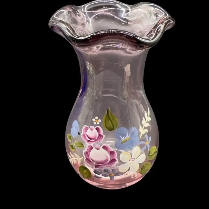 Fenton for Teleflora Ruffled Amethyst Purple Scalloped Rim Hand Painted 8" Vase