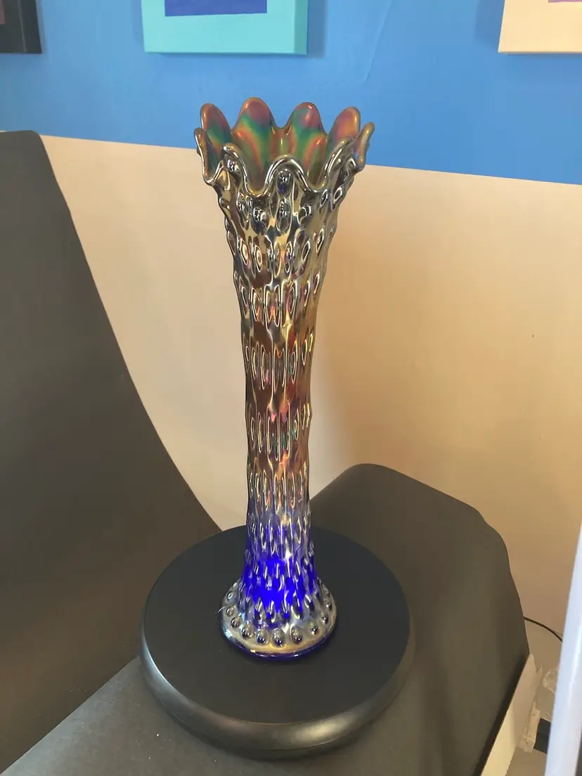 31. VTG Pre 1970 Carnival On Cobalt Tree Trunk Vase