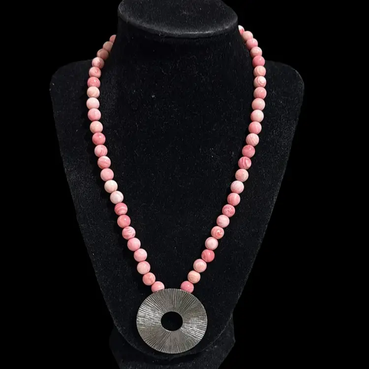 Natural Pink Agate Beaded Necklace with Silver tone Circle Charm