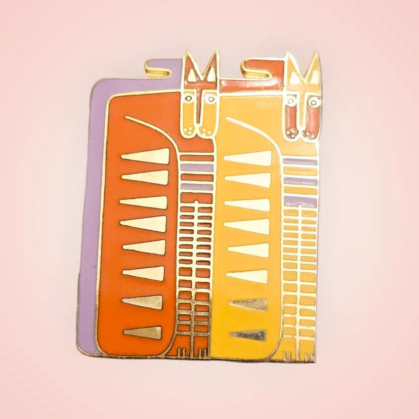 Laurel Burch "Egypticat" Brooch Cloisonne Gold Plated Yellow Orange Enamal Cats