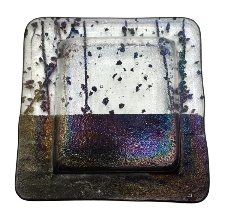 Fused Studio Art Glass Small Trinket Dish Square Iridescent Purple Stripe 3.5”