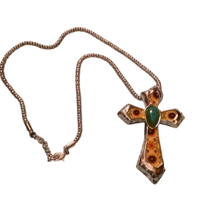 Cross Silvertoned Inlayed With Yellow And Green Stone In Middle