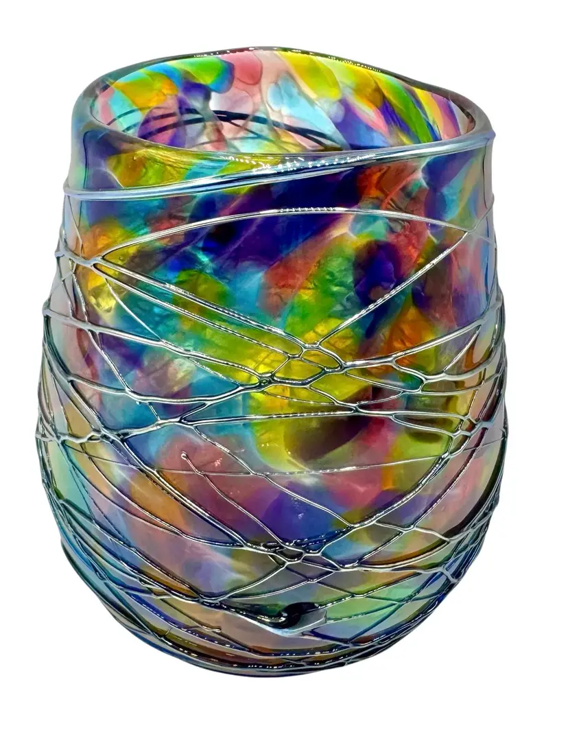 Signed Kyle Gribskov Hand Blown Art Stemless Wine Glass Rainbow Threaded 4.5”