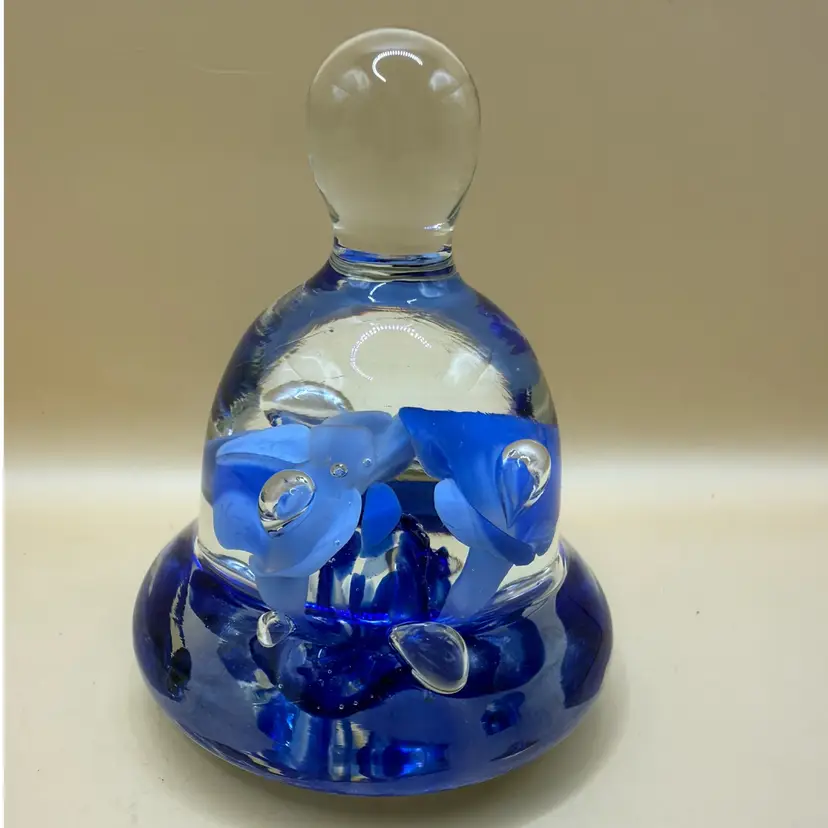 Joe St. Clair Dark & Light Blue Trumpet Flower Art Glass Bell Paperweight 3.5β